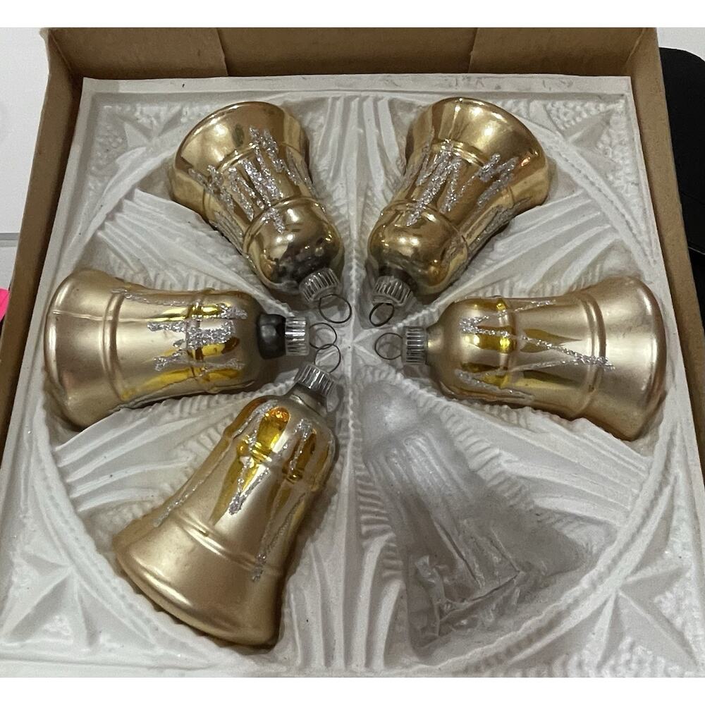 Vintage West Germany Marked on‎ Caps, Set of 5, Mercury Glass Bell 3" Ornaments.